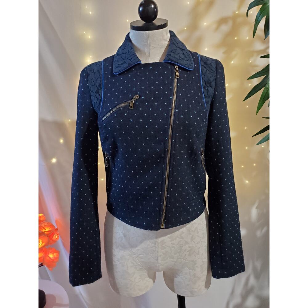 Flying Tomato Girl Next Door Lace Wool Polka Dot Short Moto Jacket Womens Size S - Picture 2 of 13